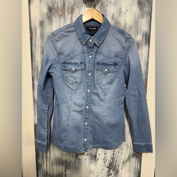 True Religion Western Denim Shirt Light Blue Wash ~ NWT ~ Size Small - Picture 1 of 12
